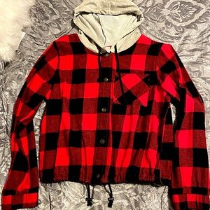 Cropped Plaid Button Up Hooded Shirt